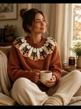 Cozy Brown Squirrel Yoke Sweater - Women's XS